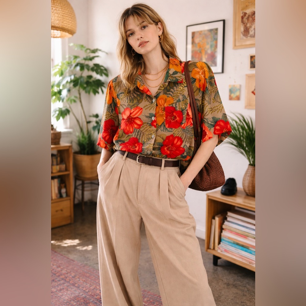 90s Kathy Che Tropical Floral Button Up with Shoulder Pads Oversized Vintage
